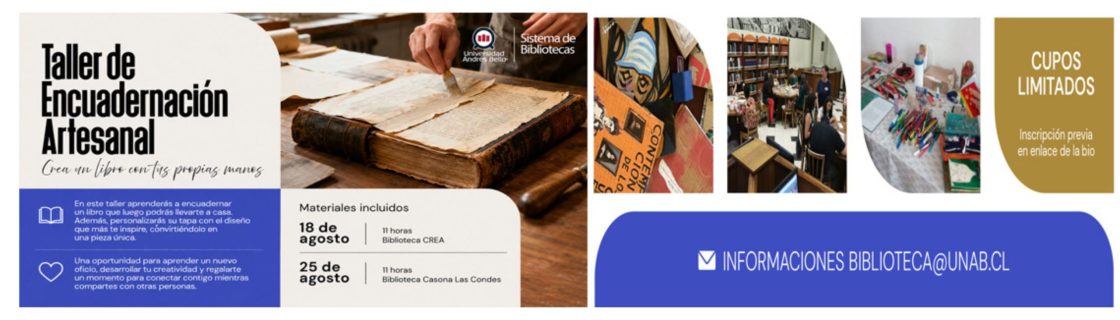 Banner collage promoting the 'Taller de Encuadernación Artesanal' with workshop photos, schedule, and contact information.