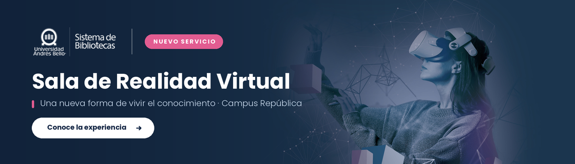 Banner promoting Sala de Realidad Virtual: person wearing a VR headset against a blue digital background with university and library logos.